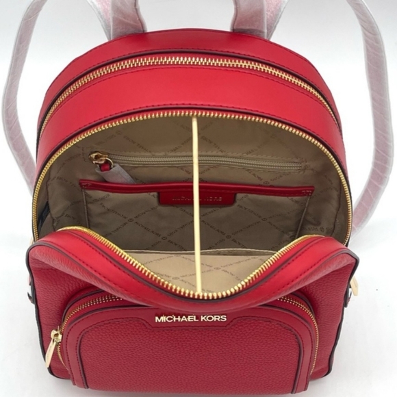 NWT Micheal kors Jaycee bright red MD ZIP PKT Leather backpack - Picture 3 of 9